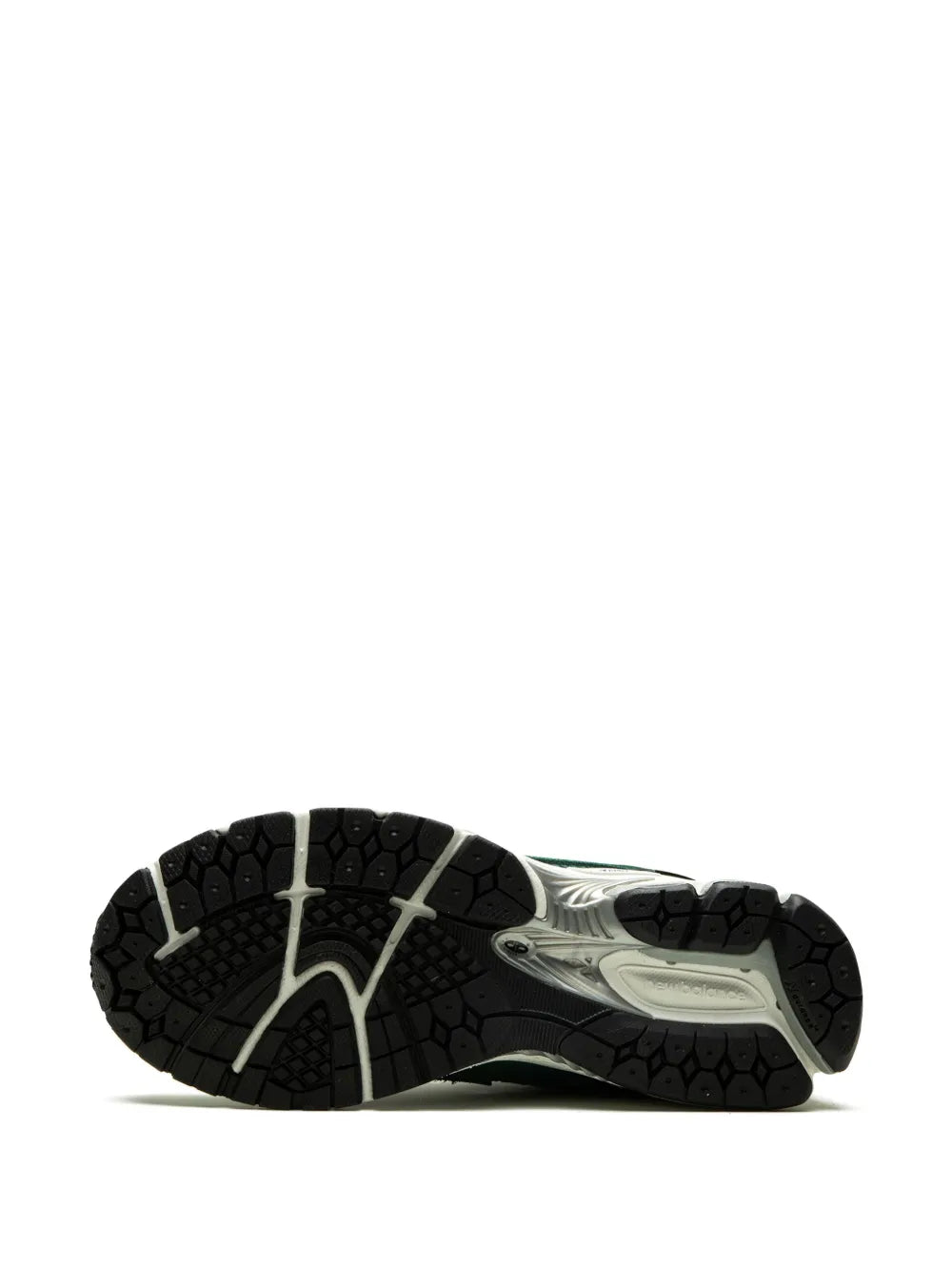 Green 1906R sneaker outsole view with black tread and off-white midsole