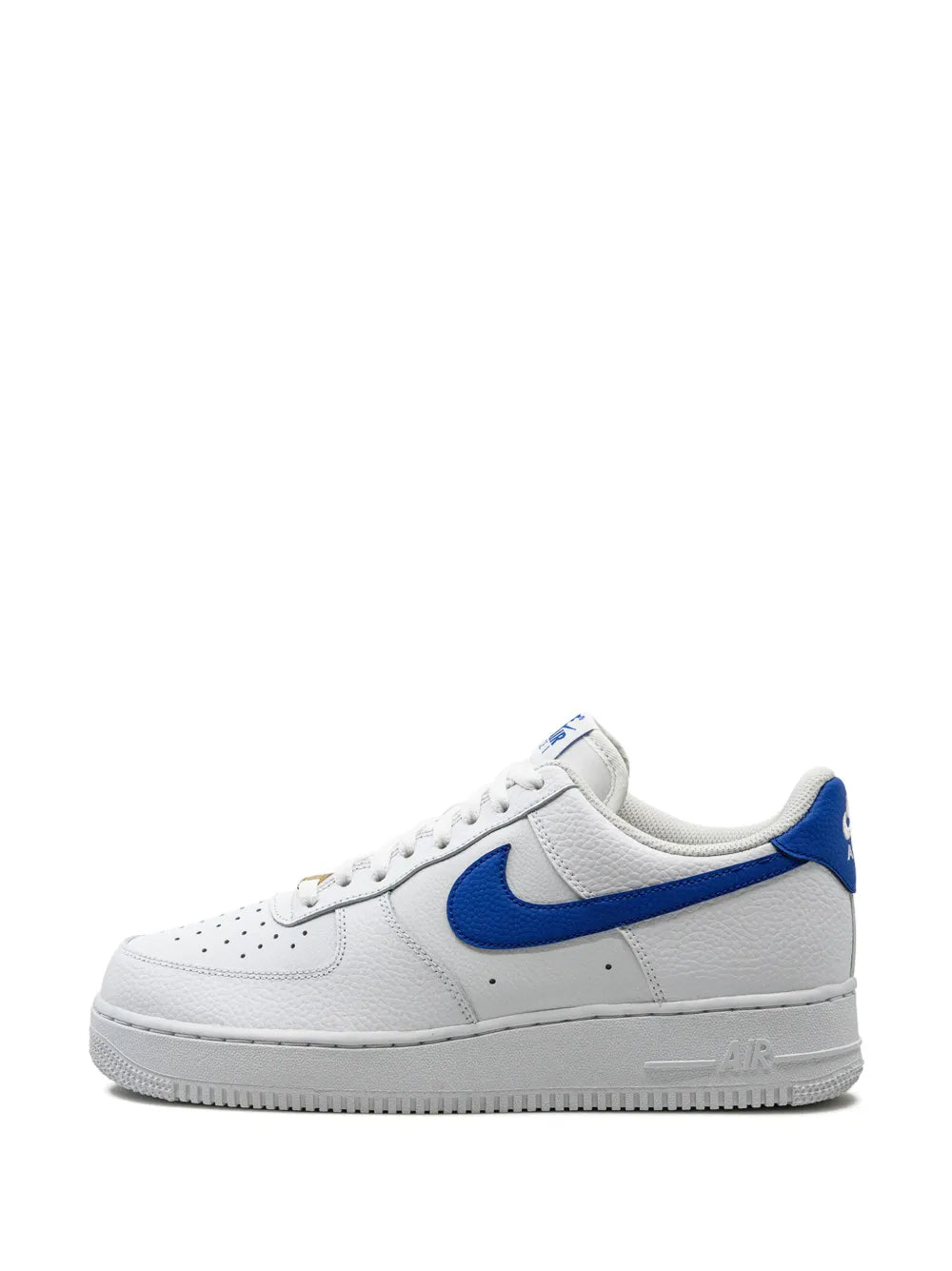 White and blue low-top sneaker with blue swoosh and white lace-up front