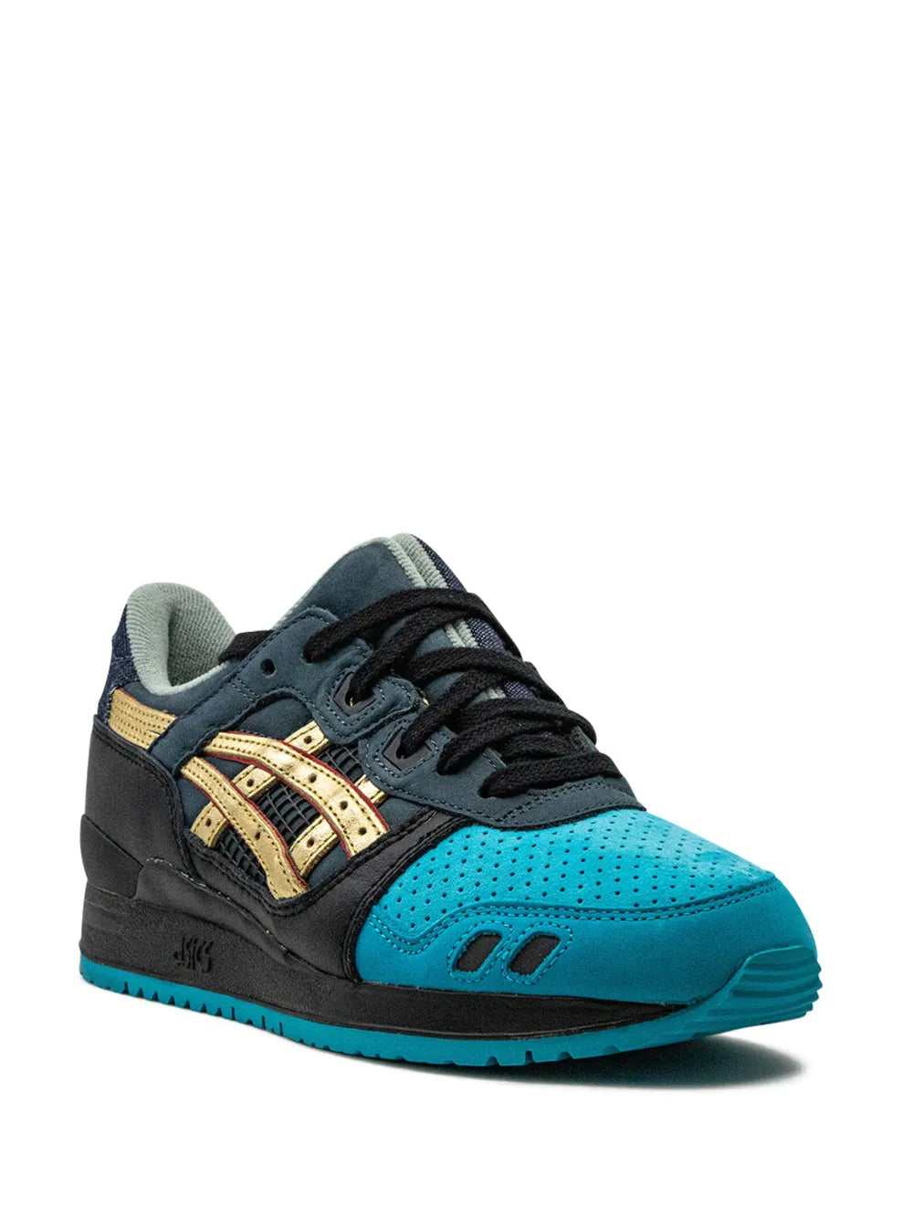 Asics Gel-Lyte III lace-up sneakers with teal toe, navy upper, and gold logo