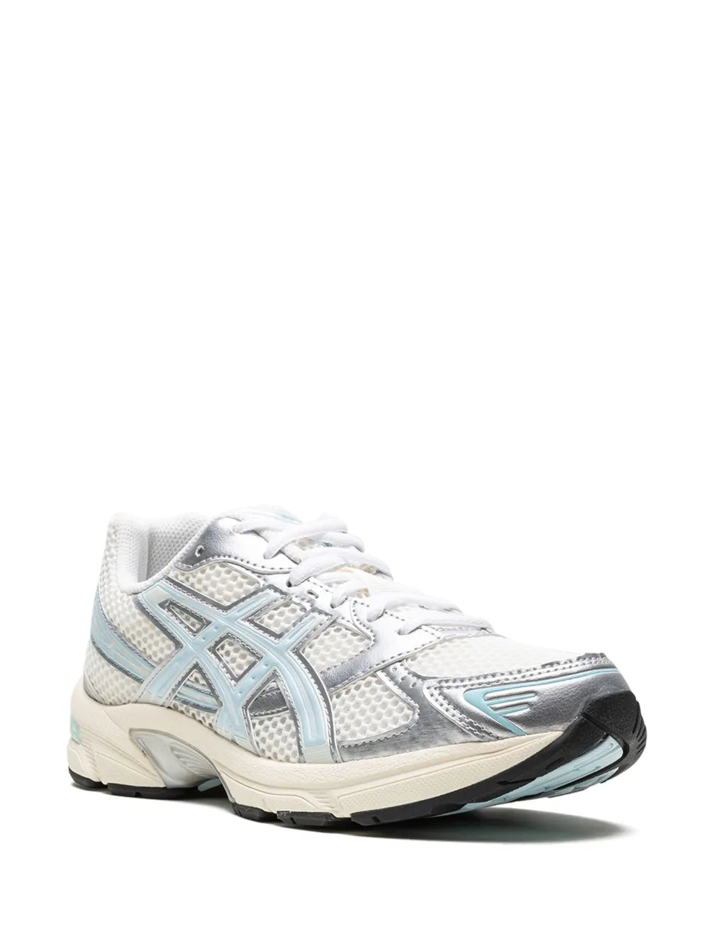 Light blue and white low-top running sneaker with mesh upper and lace-up front
