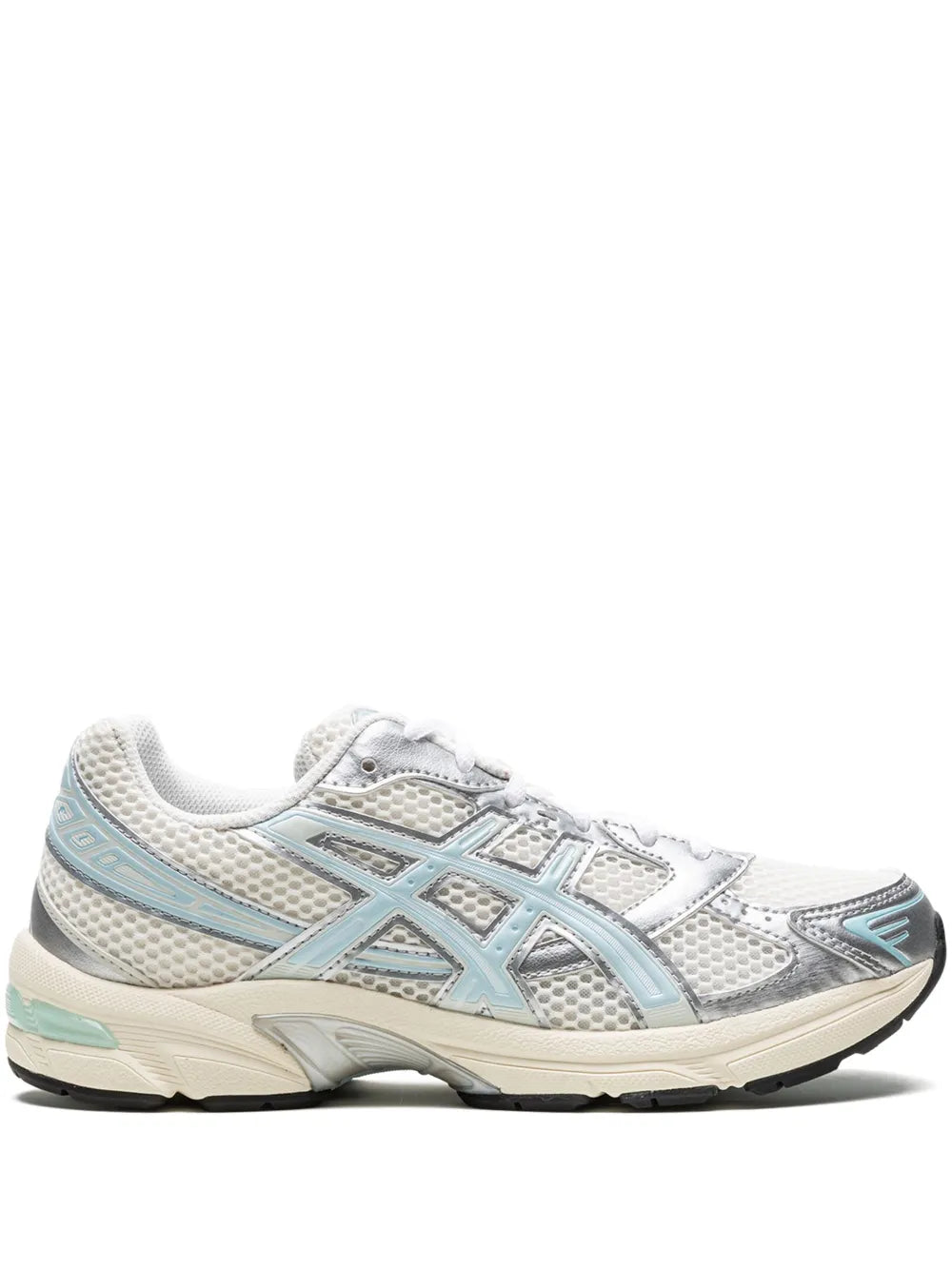 White and light blue ASICS Gel-1130 low-top running sneaker with lace-up closure