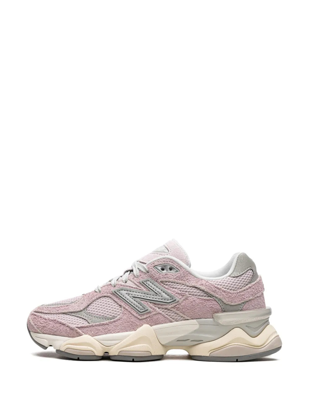 Pink and grey New Balance 9060 sneakers with mesh panels and beige shock-absorbing sole