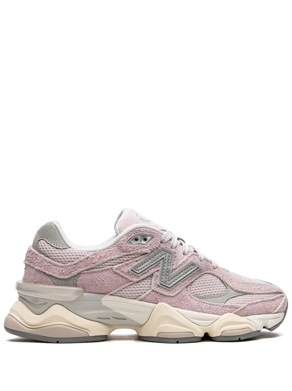 Pink and grey New Balance 9060 sneakers with white laces and beige midsole