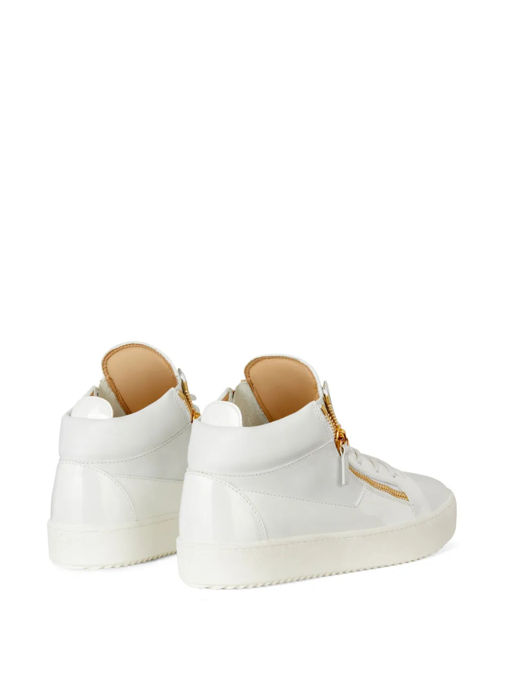 White leather mid-top sneakers with gold zip pull tabs and cushioned heel