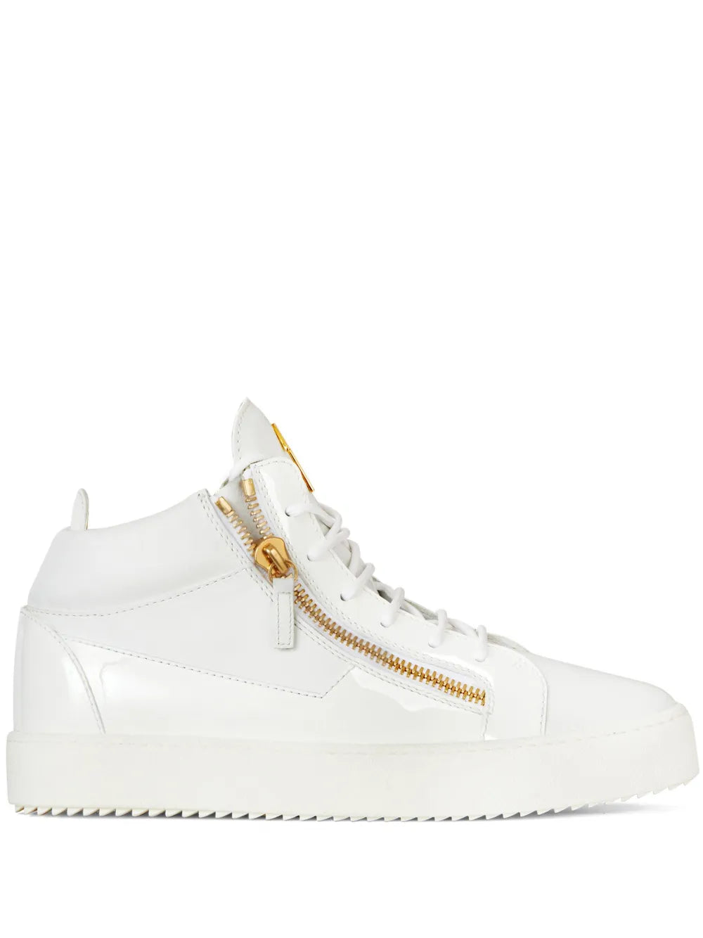 White leather mid-top sneakers with gold zip detail and lace-up front