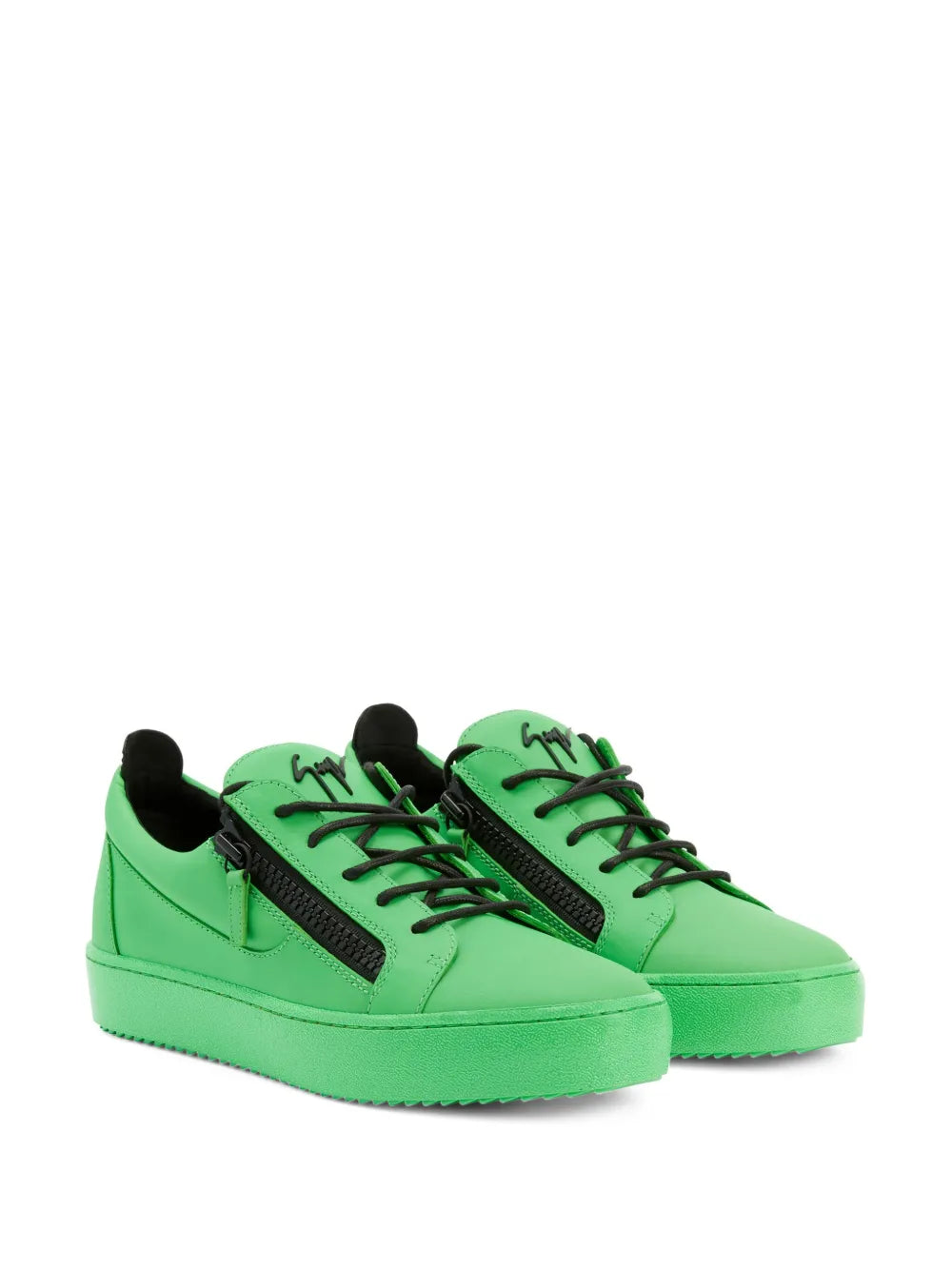 Bright green low-top sneakers, lace-up with side double zipper details