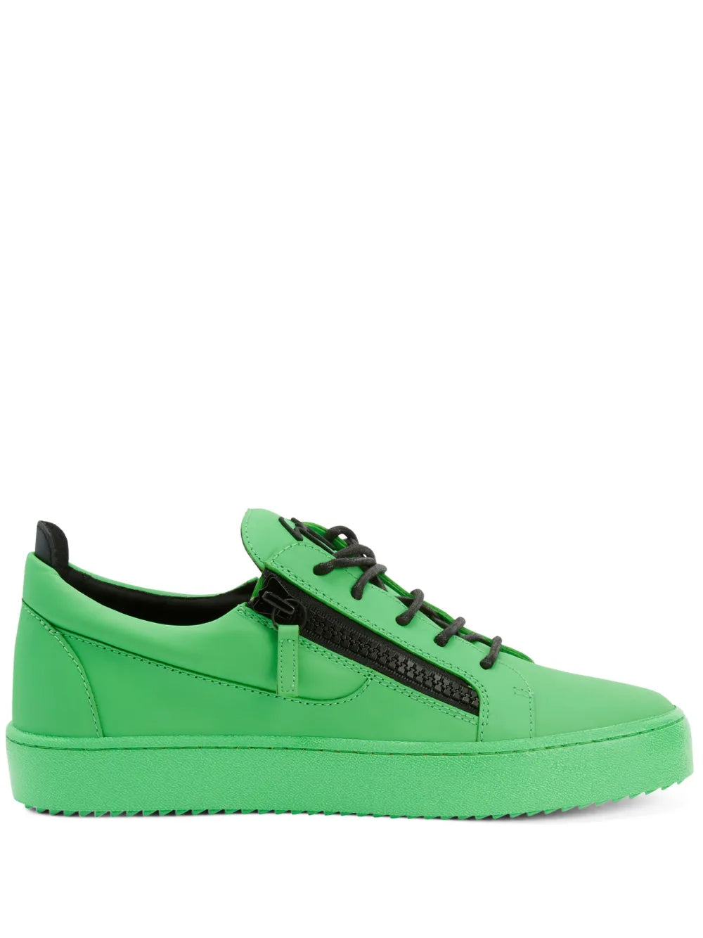 Bright green low-top sneakers with double black zippers and lace-up front