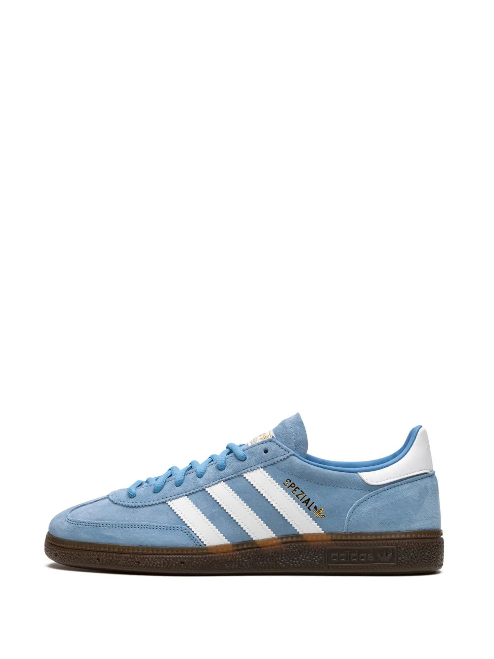 Light blue low-top sneakers in suede with white stripes and gum sole