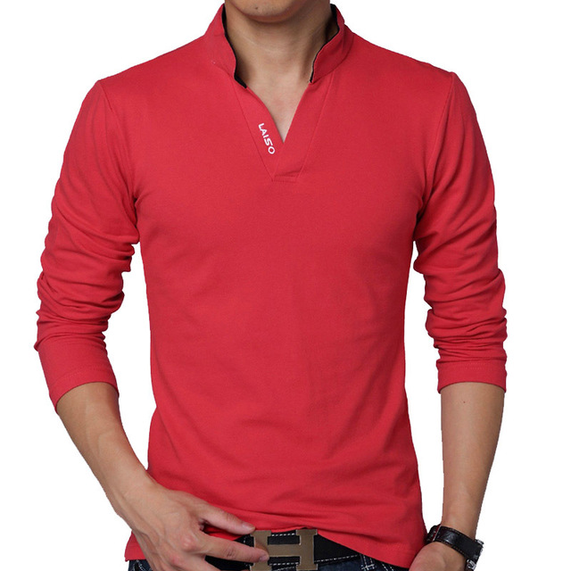 Men's red V-neck long-sleeve shirt with three-button placket