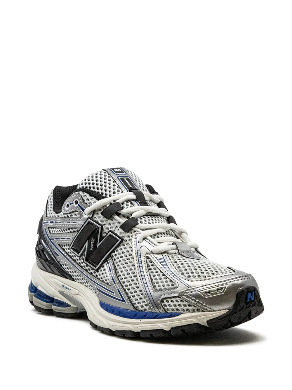 New Balance 1906R low-top sneakers, 3/4 front view, grey mesh with black N and blue
