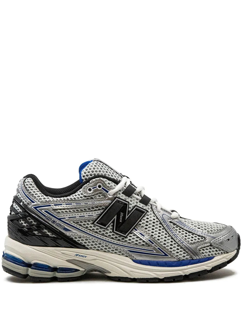 New Balance 1906R low-top sneakers in white and grey with black and blue accents