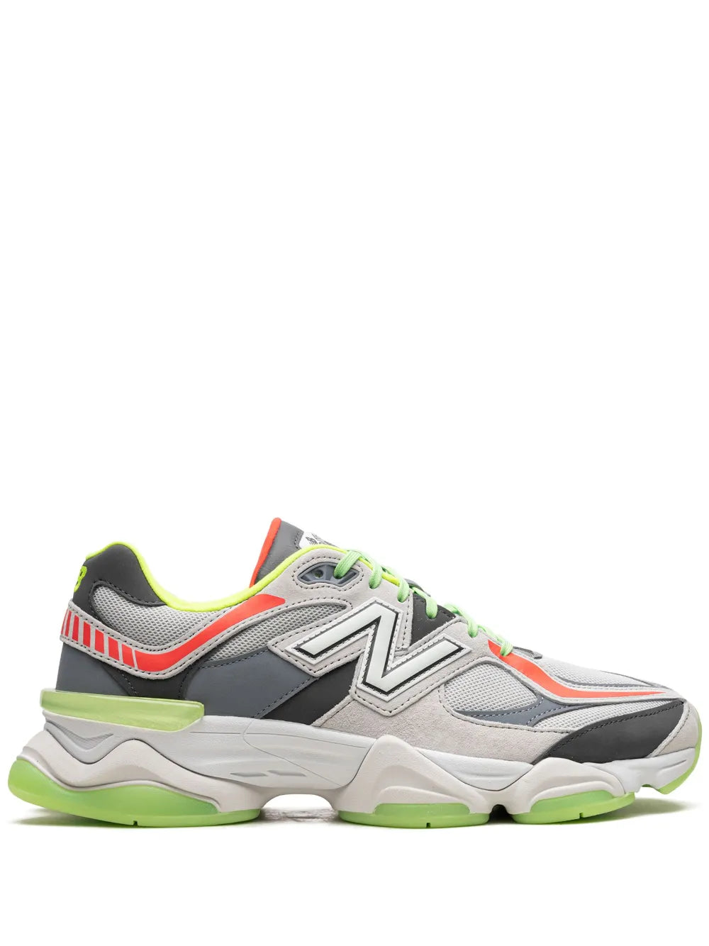 Grey and black New Balance 90/60 sneakers with neon green laces and orange accents