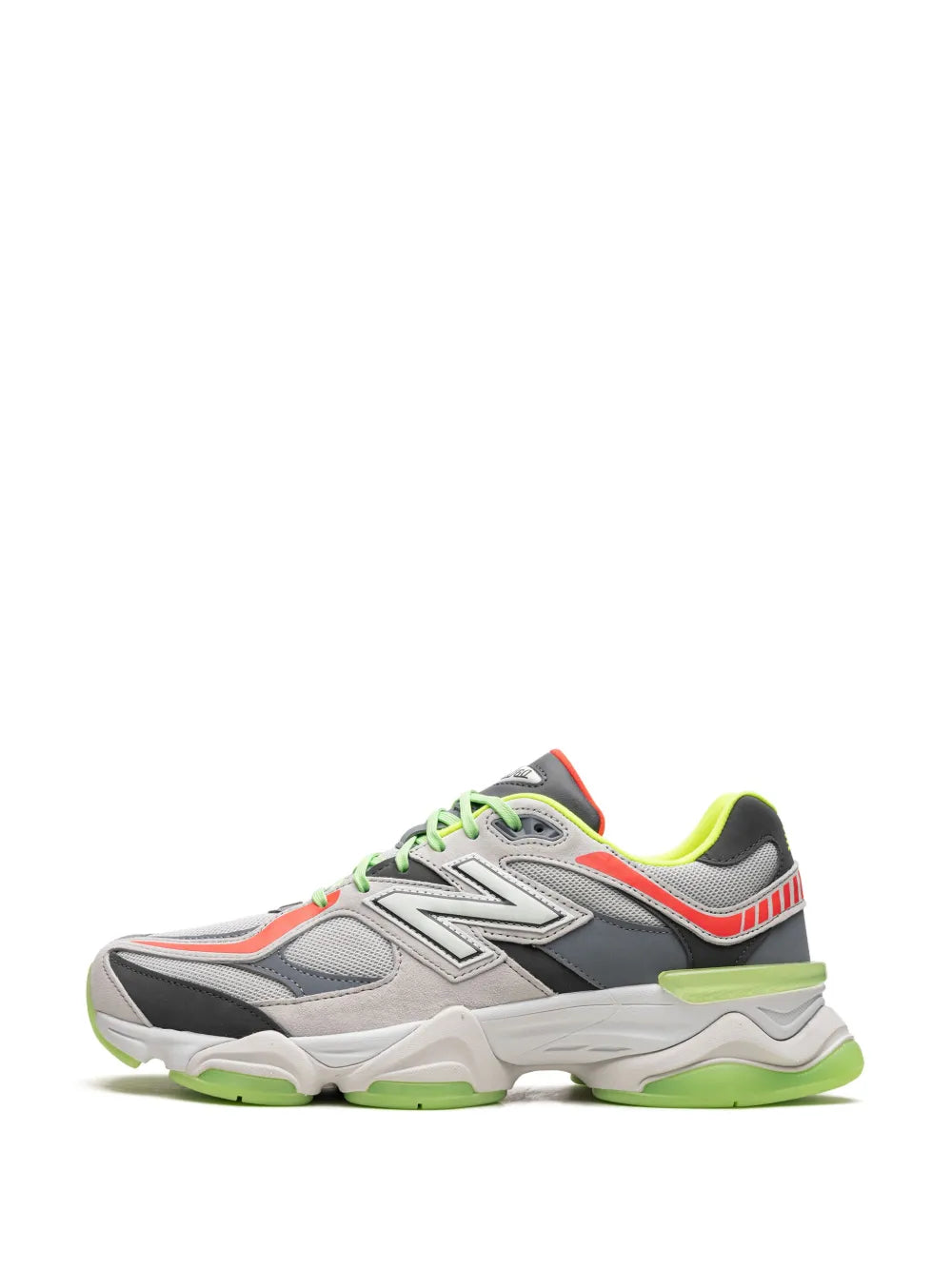 Grey New Balance 90/60 sneakers with orange stripe, neon green laces, and black trim