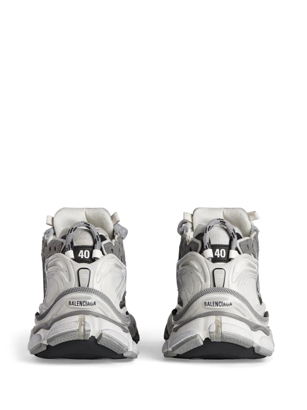 Grey runner sneakers, back view with white sole trim and size 40 heel label