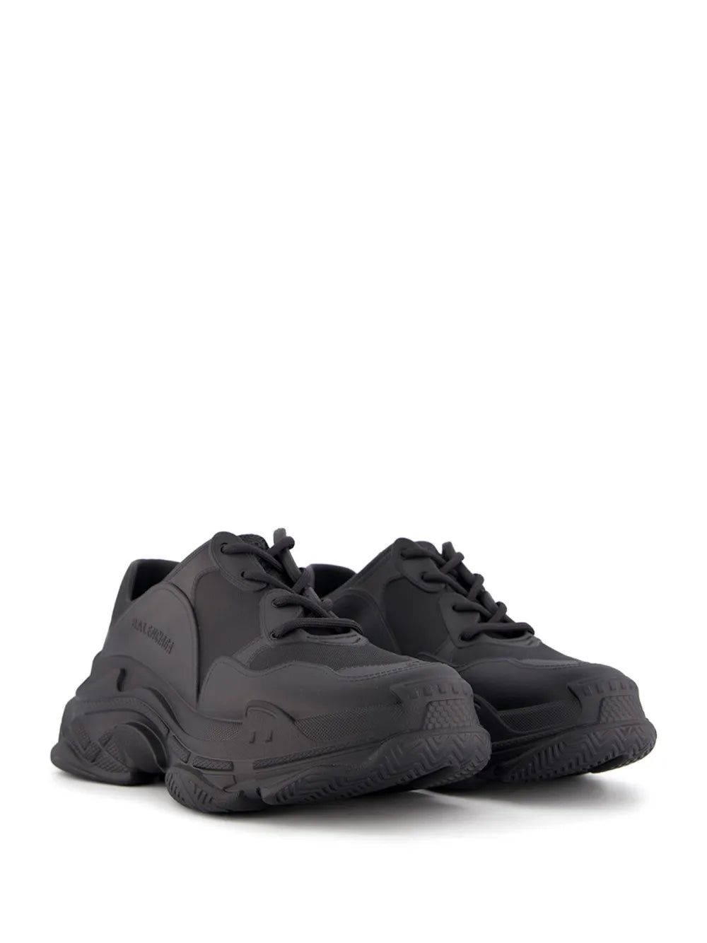 Balenciaga Triple S black tonal sneakers, lace-up pair view with chunky tread sole.