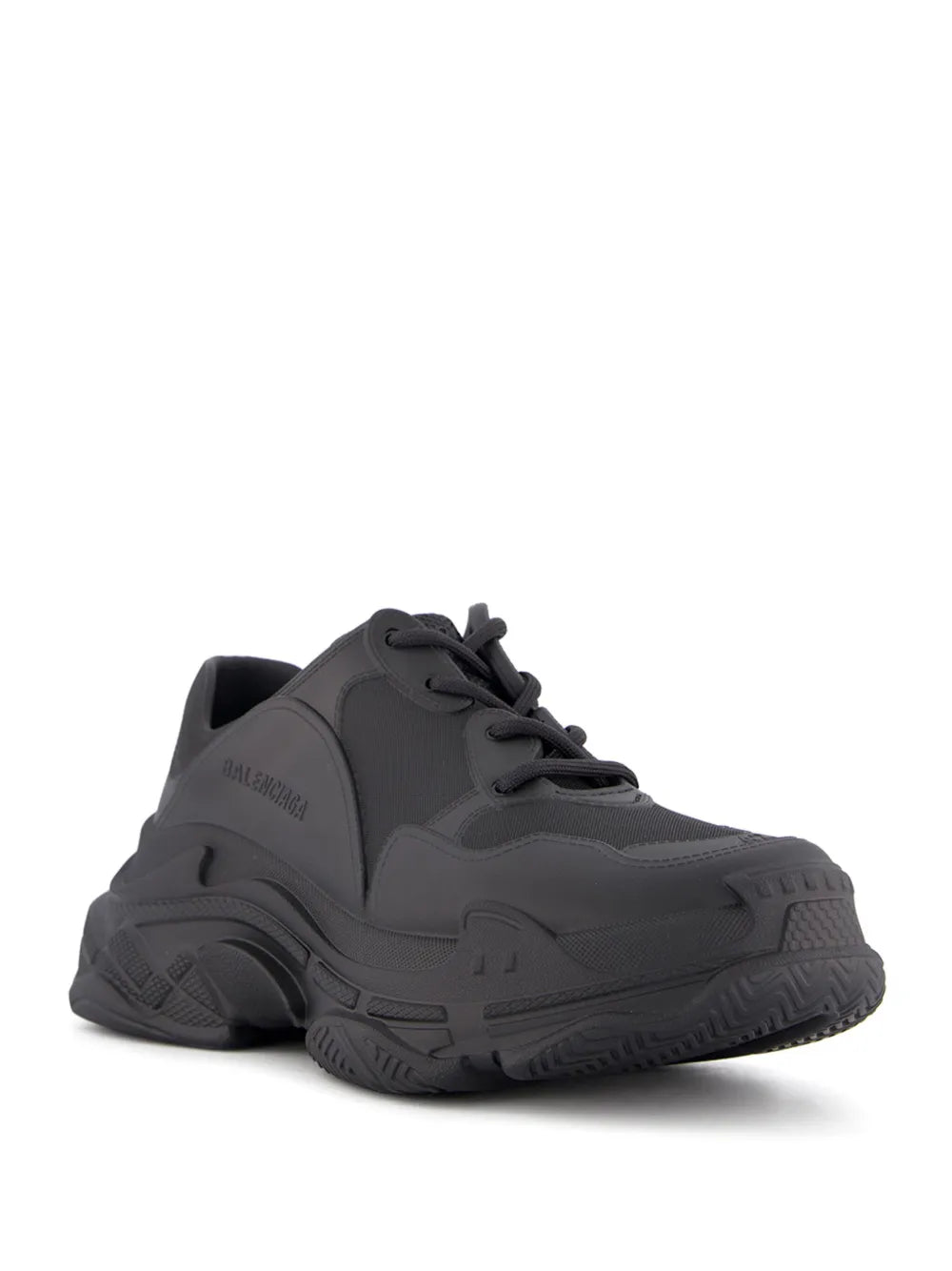 Balenciaga Triple S black tonal sneakers, lace-up with chunky side panels and sole.