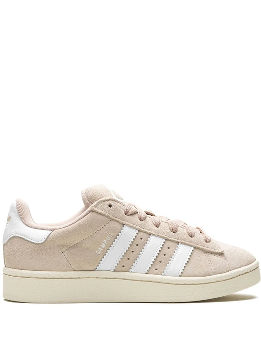 adidas beige suede sneakers with white triple stripes and lace-up design