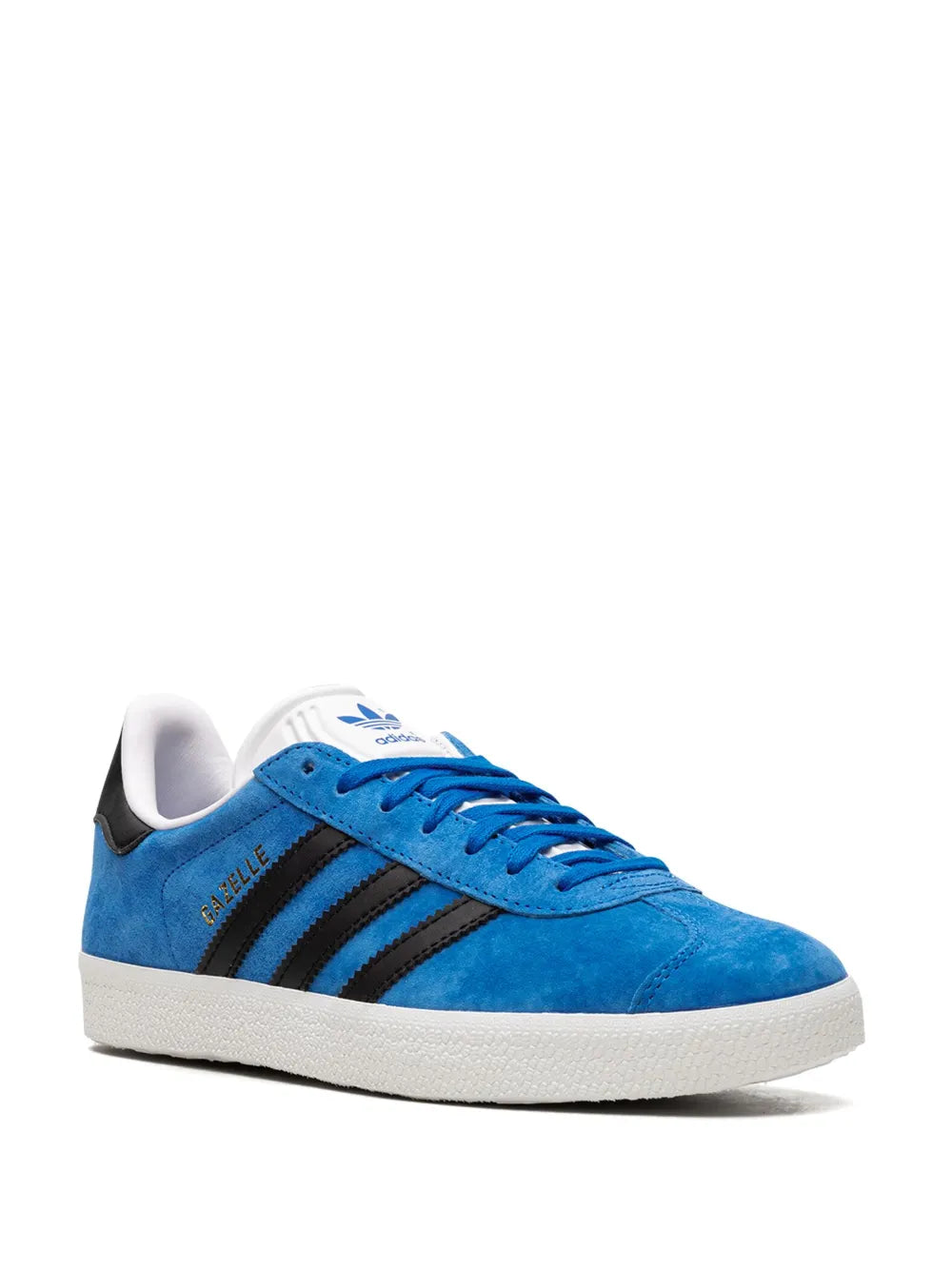 Blue low-top sneaker with lace-up, black three stripes, and white midsole