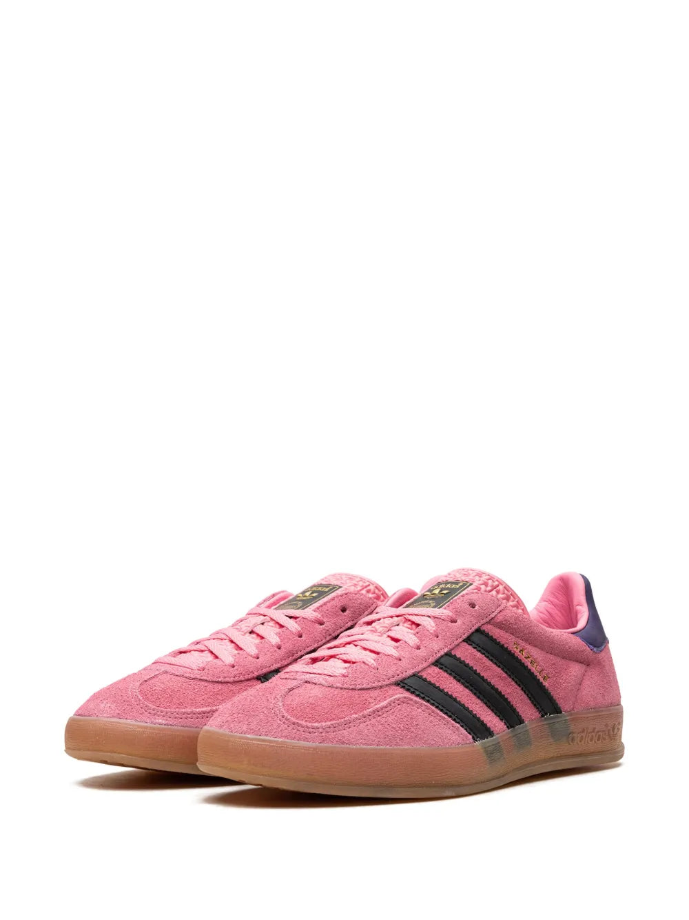 adidas Gazelle suede sneakers, pink with black stripes, pink laces, gum sole