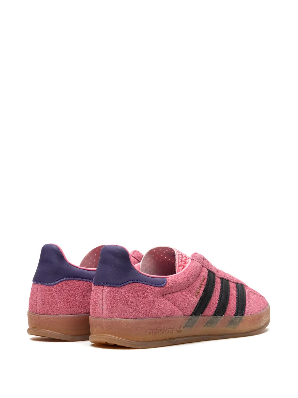 adidas Gazelle suede sneakers, pink with black stripes and dark heel collar, gum sole