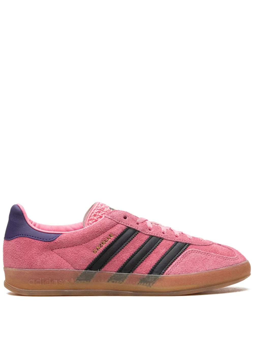 adidas Gazelle suede sneakers in pink, black 3-stripe detail, gum sole