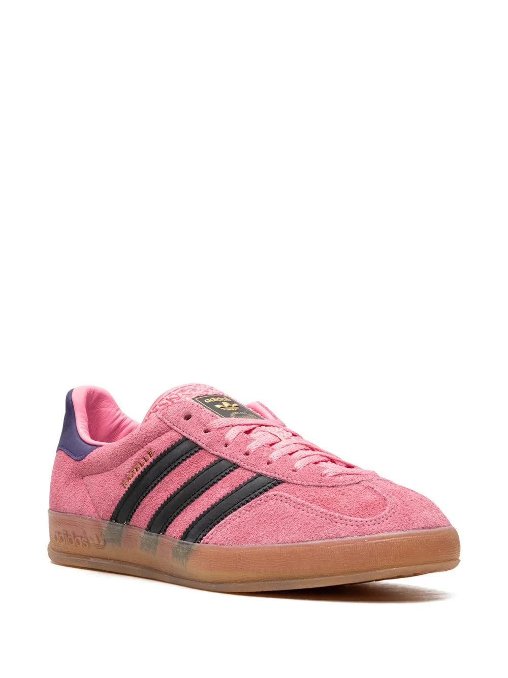 adidas Gazelle suede sneakers, pink upper with black stripes, lace-up and gum sole