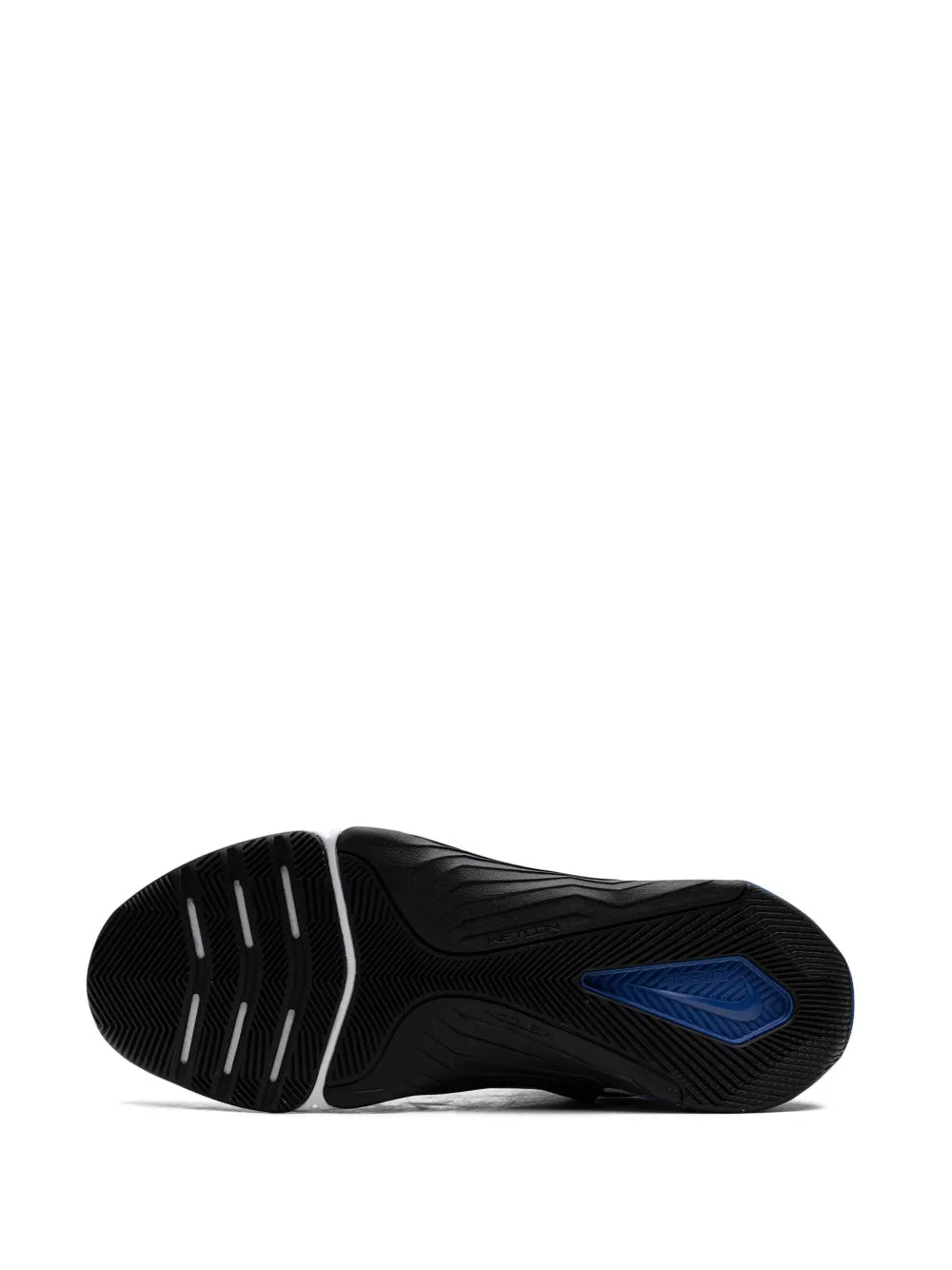 Black outsole with blue traction logo on the heel and forefoot