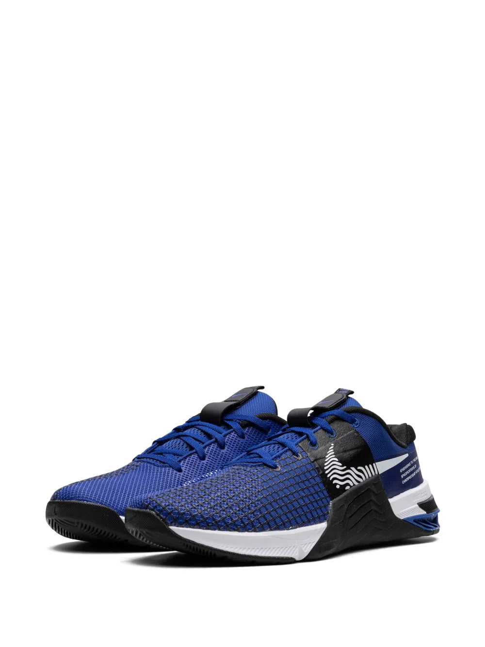Blue and black low-top training shoe with textured knit upper and white midsole