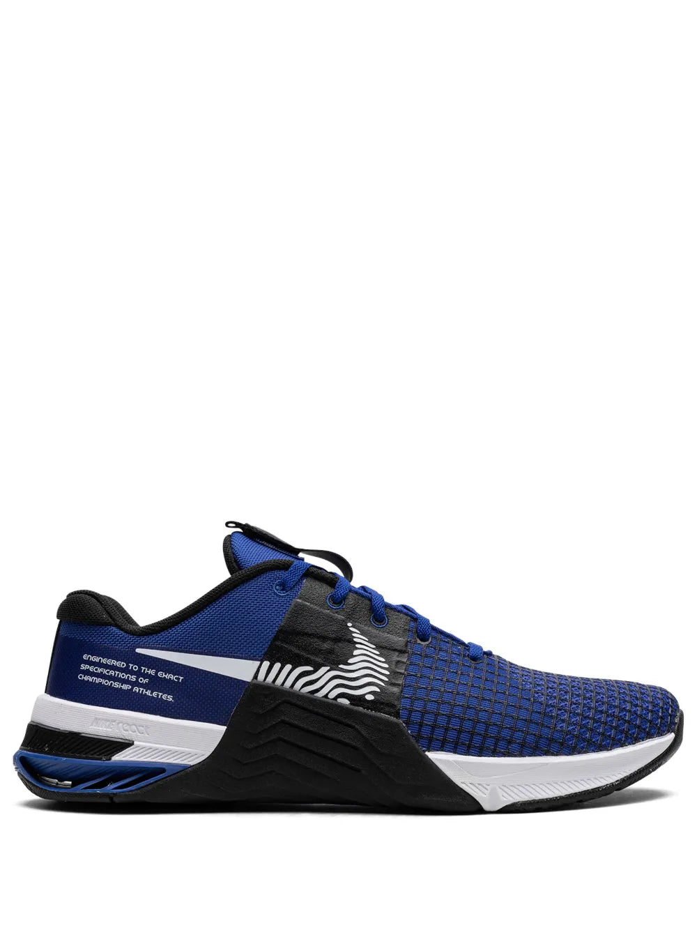 Blue and black training shoe with knit upper, white midsole, and blue laces
