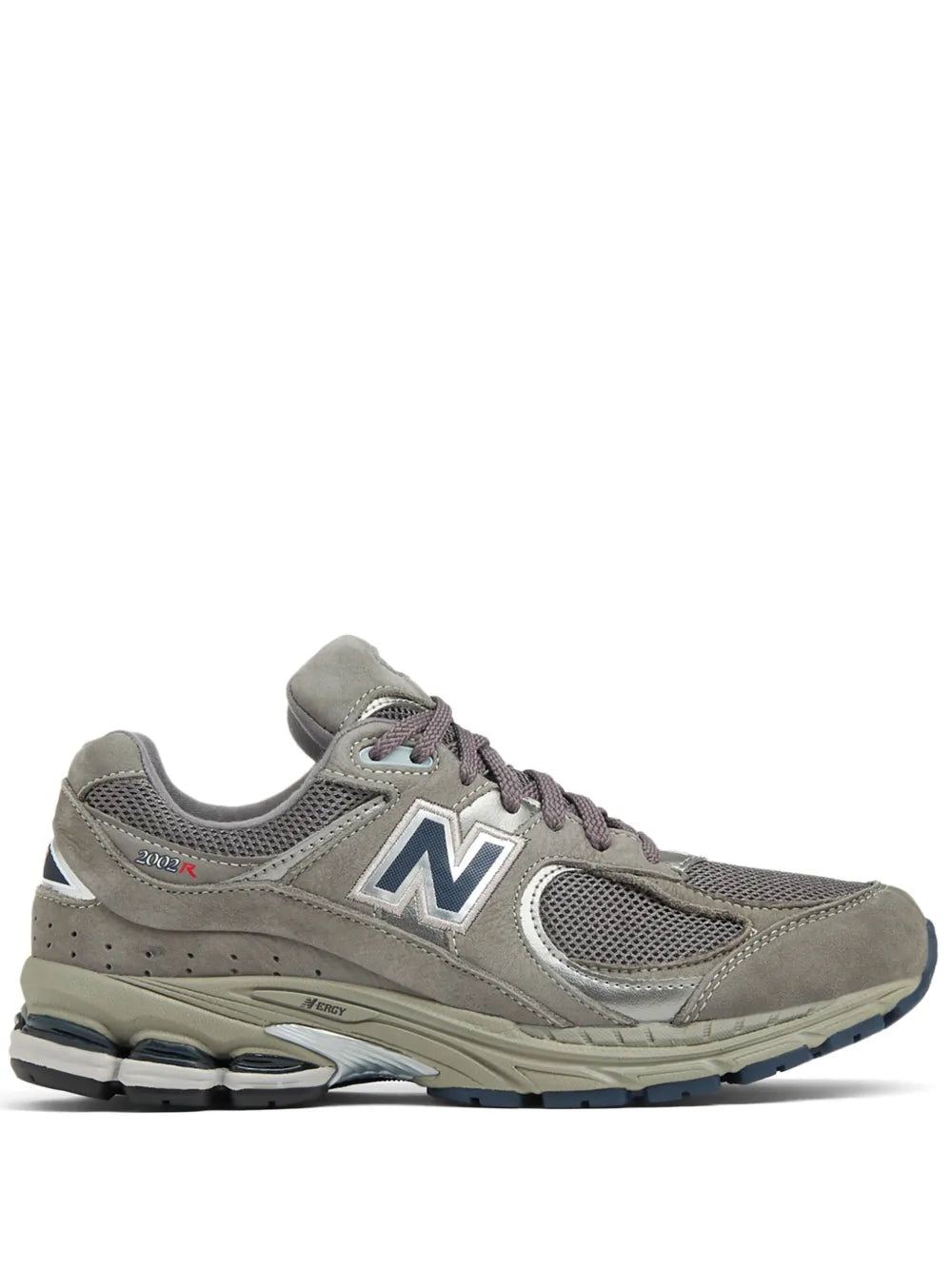 Ash grey New Balance 2002R sneakers with N logo, mesh panels, purple lace-up