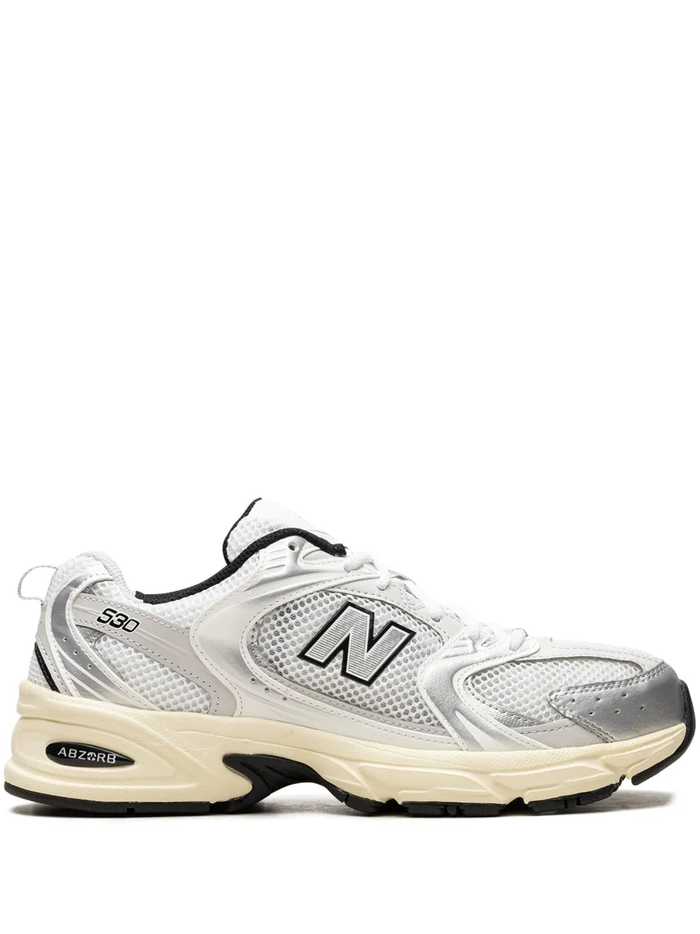 New Balance 530 low-top sneakers in white mesh with silver N logo, beige sole