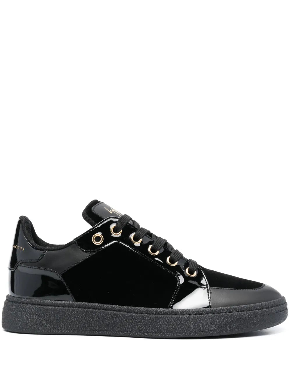 Black velvet lace-up low-top sneakers with gold eyelets and contrast side panel