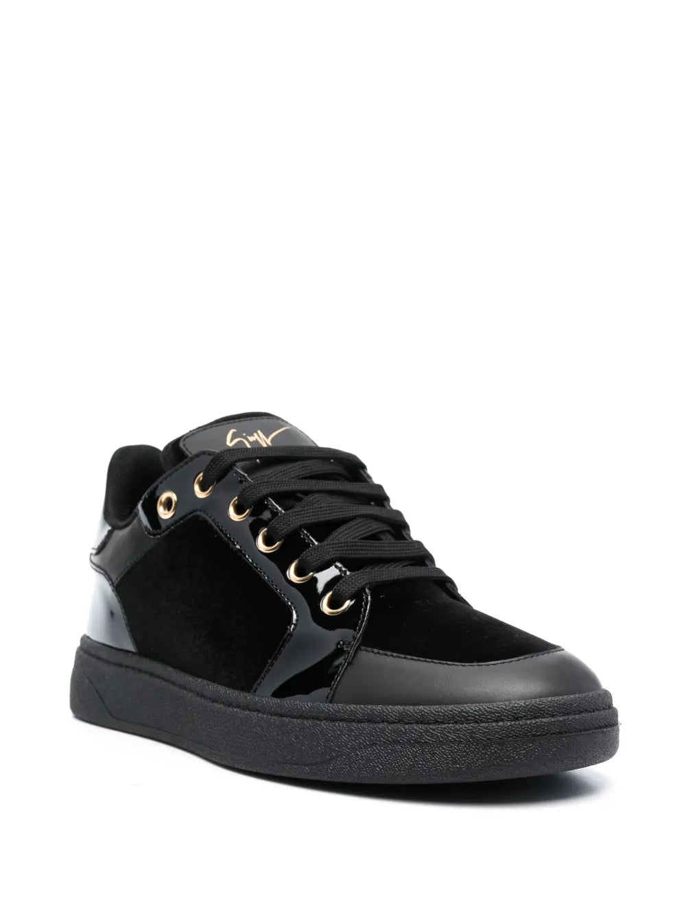 Black velvet lace-up low-top sneakers, side view, gold eyelets and black laces