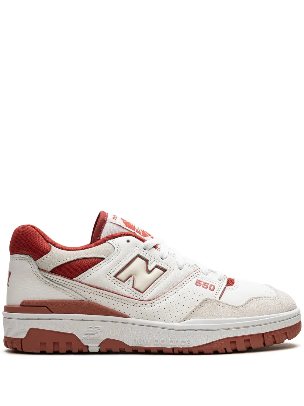 White leather sneakers with red paneling, New Balance logo, brown rubber sole