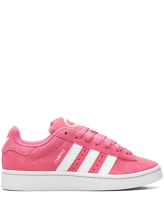 Pink low-top lace-up sneaker with white three-stripe side and white rubber sole