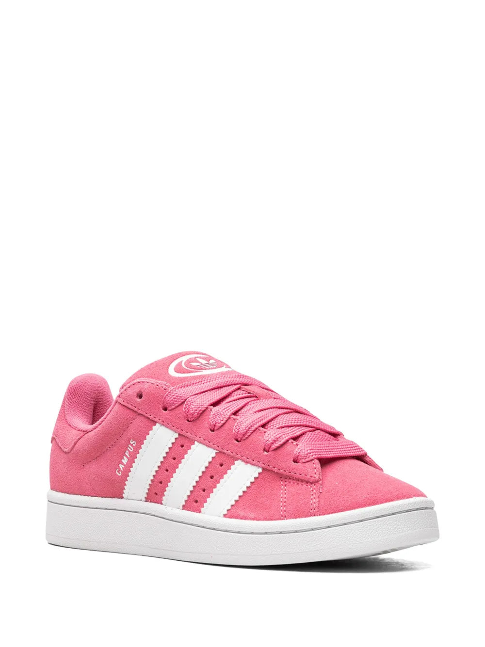 Pink low-top lace-up sneaker angled view with white three-stripe side