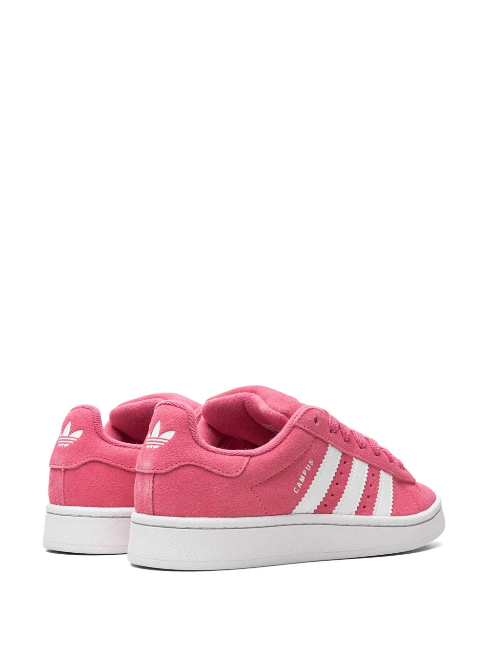 Pink low-top sneaker heel and side profile with white three-stripe detailing