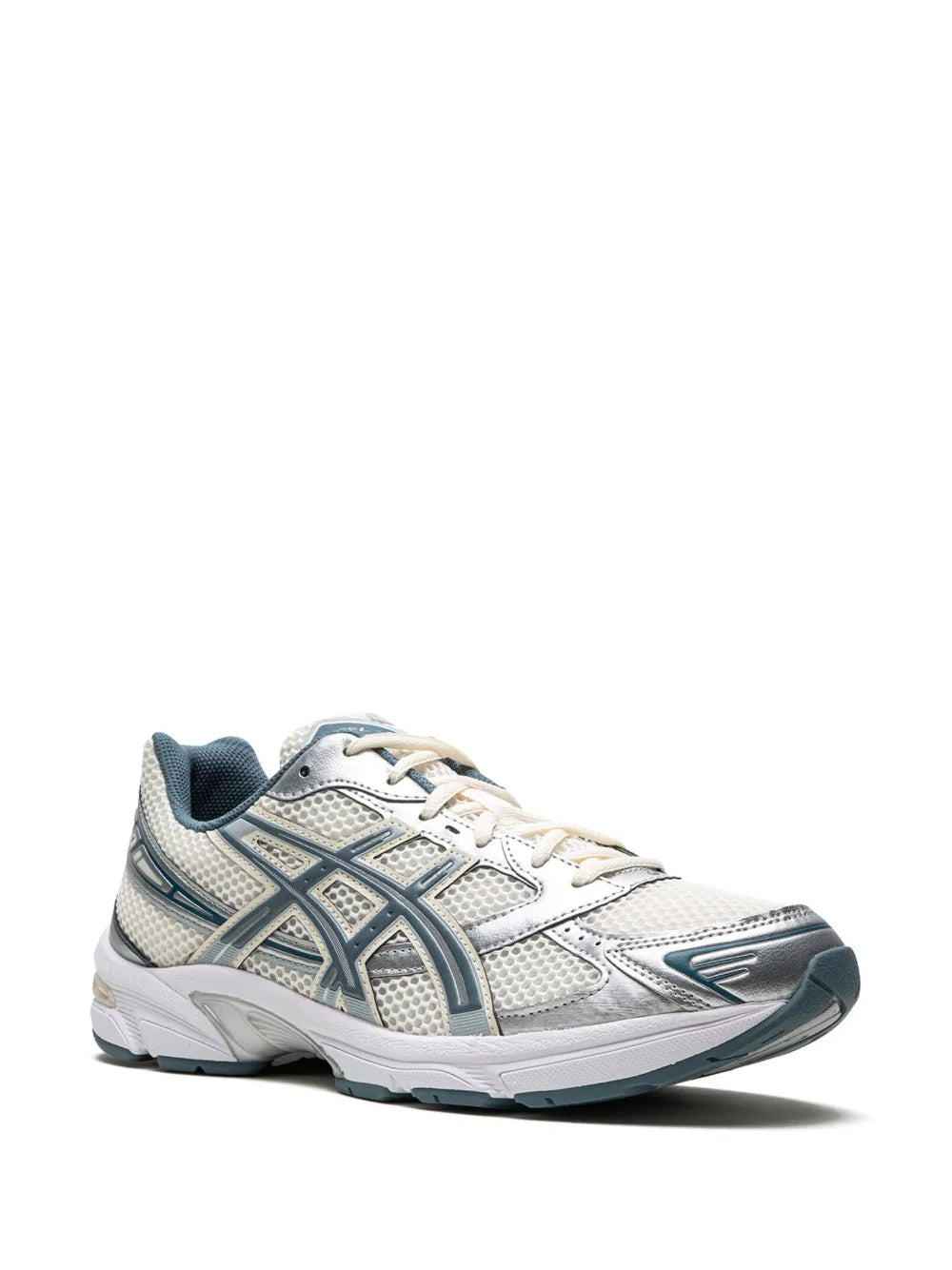 Cream lace-up sneakers with blue-gray panels and ASICS logo, side view
