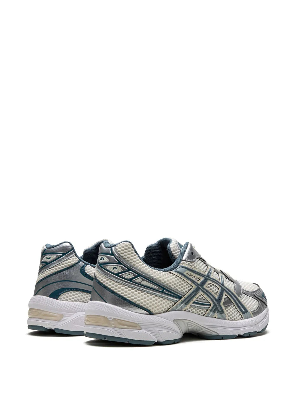 Cream sneakers with blue-gray heel and side stripes, lace-up pair view