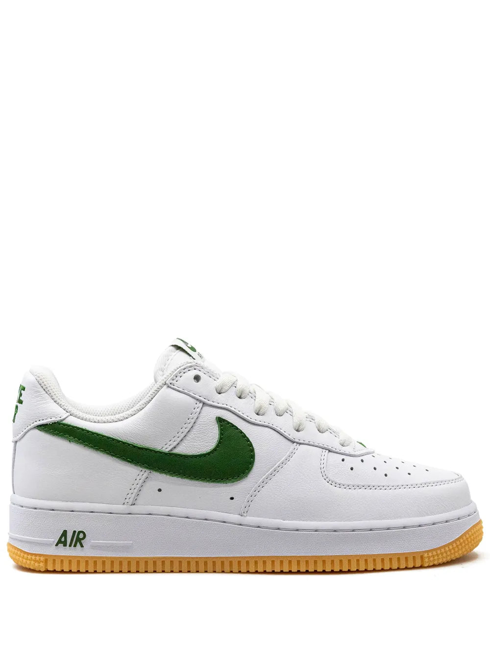 Nike Air Force 1 low-top sneakers in white with dark green swoosh and gum sole