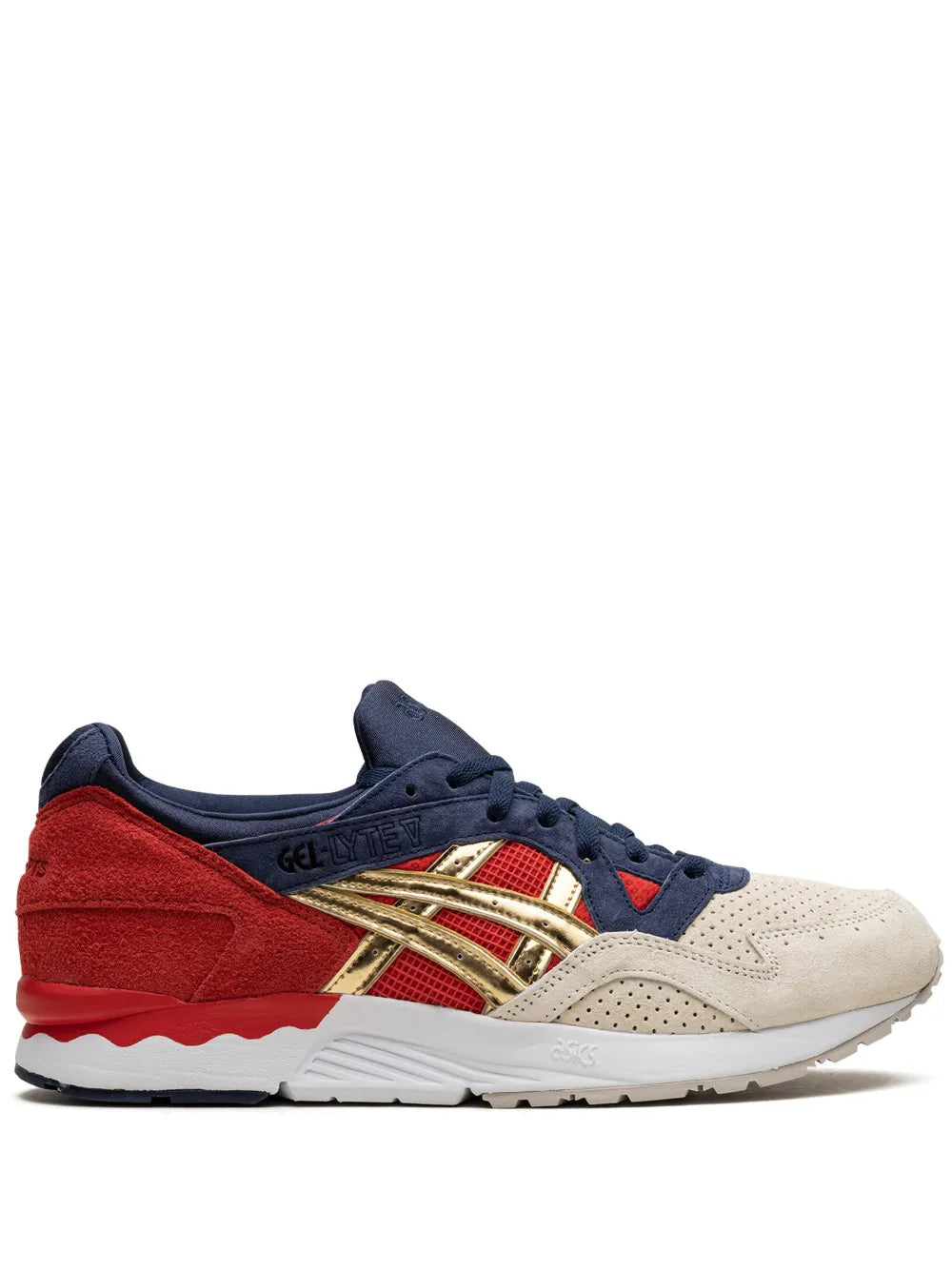 Asics Gel-Lyte 5 x Concepts sneakers: navy, beige, red suede with gold logo stripe.