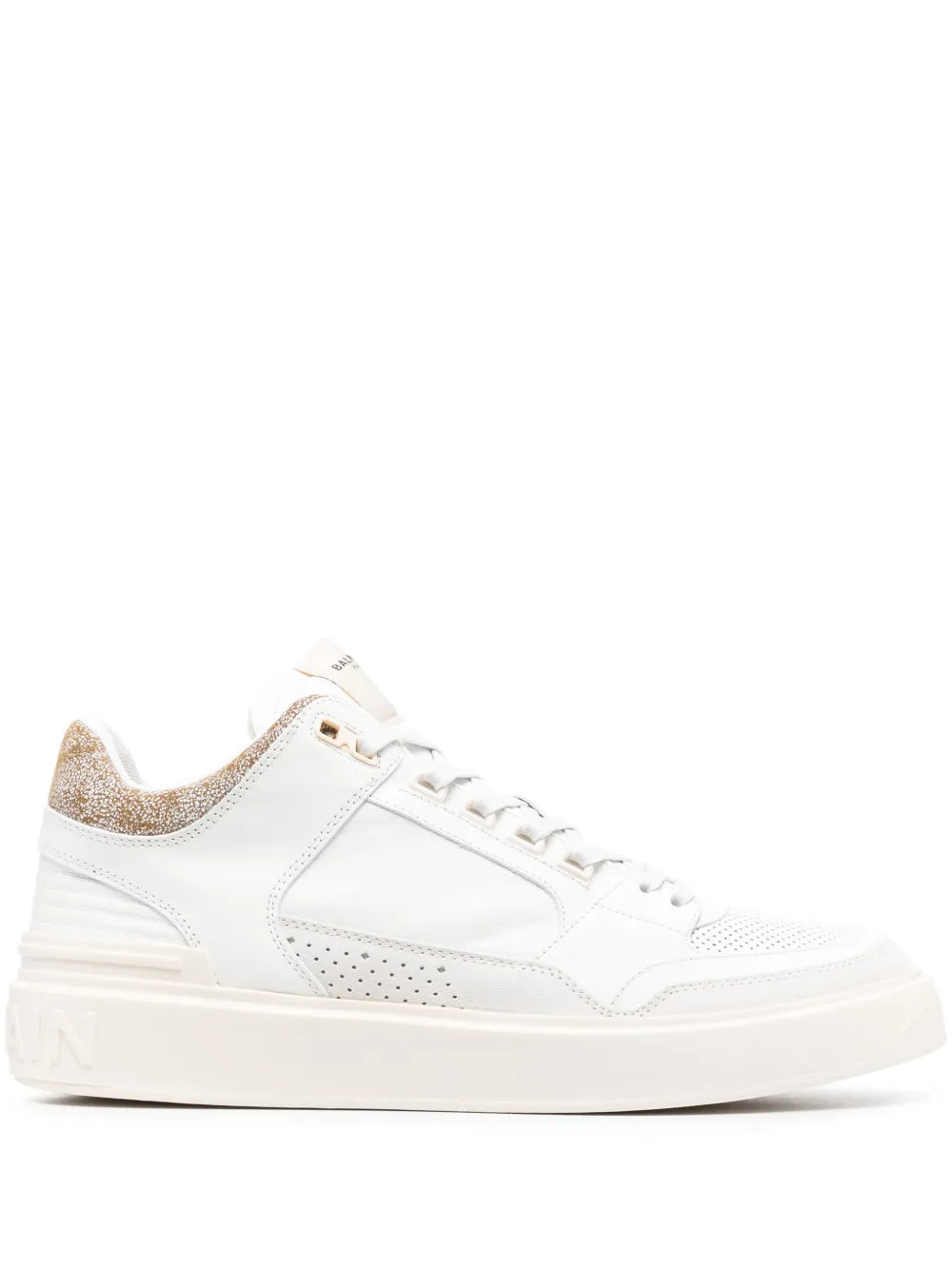 Balmain B-Court white mid-top sneakers, lace-up with perforated toe and gold heel trim
