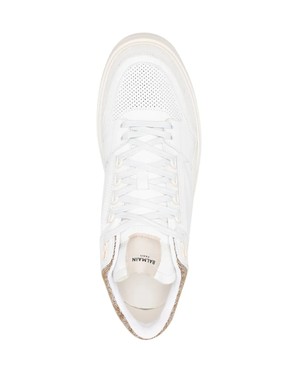 Balmain B-Court white mid-top sneakers, top view with white laces and perforated vamp