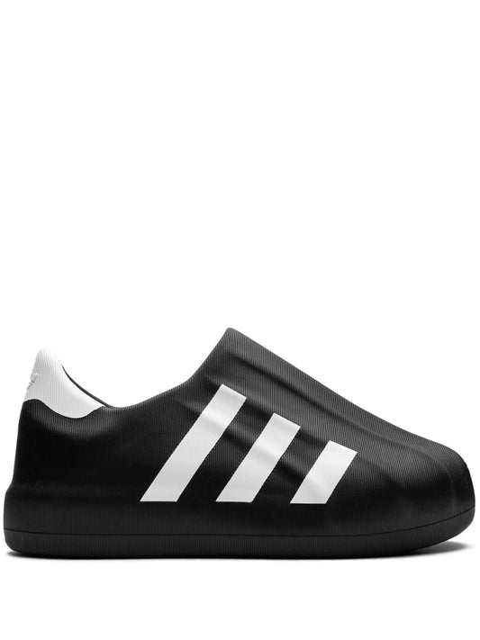 Black Adidas slide-on sneaker with white three-stripe logo on side