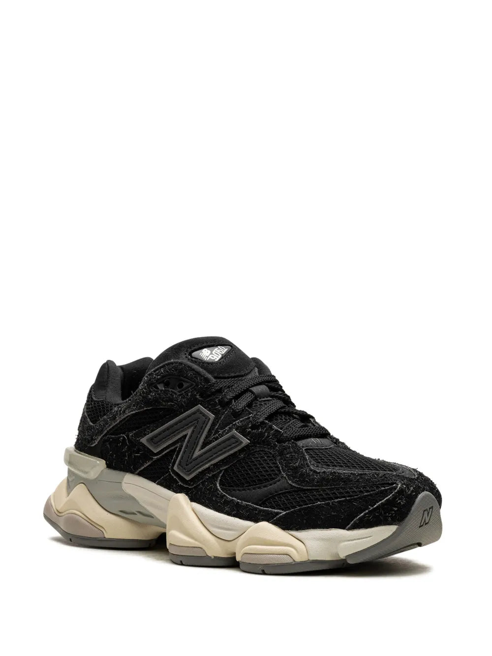 New Balance 9060 lace-up sneakers, black upper with N logo and cream sole unit
