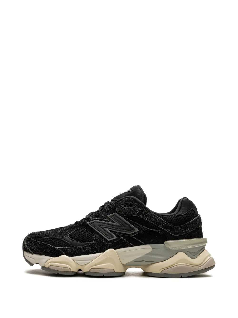 New Balance 9060 lace-up sneakers, side profile in black with New Balance N on upper