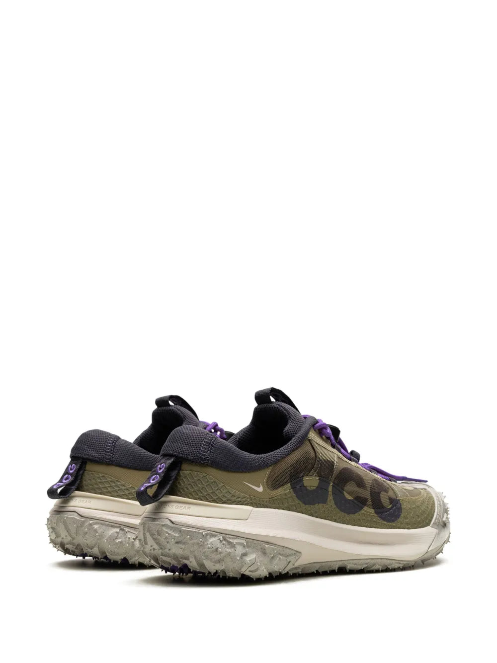 Olive low-top sneaker with purple laces and black collar, side profile