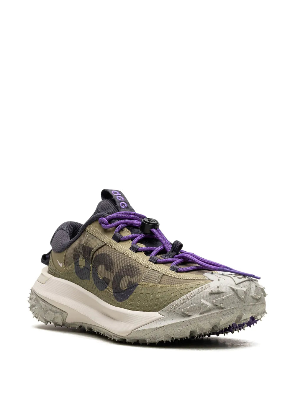 Olive low-top sneaker with purple laces and black heel collar, side view