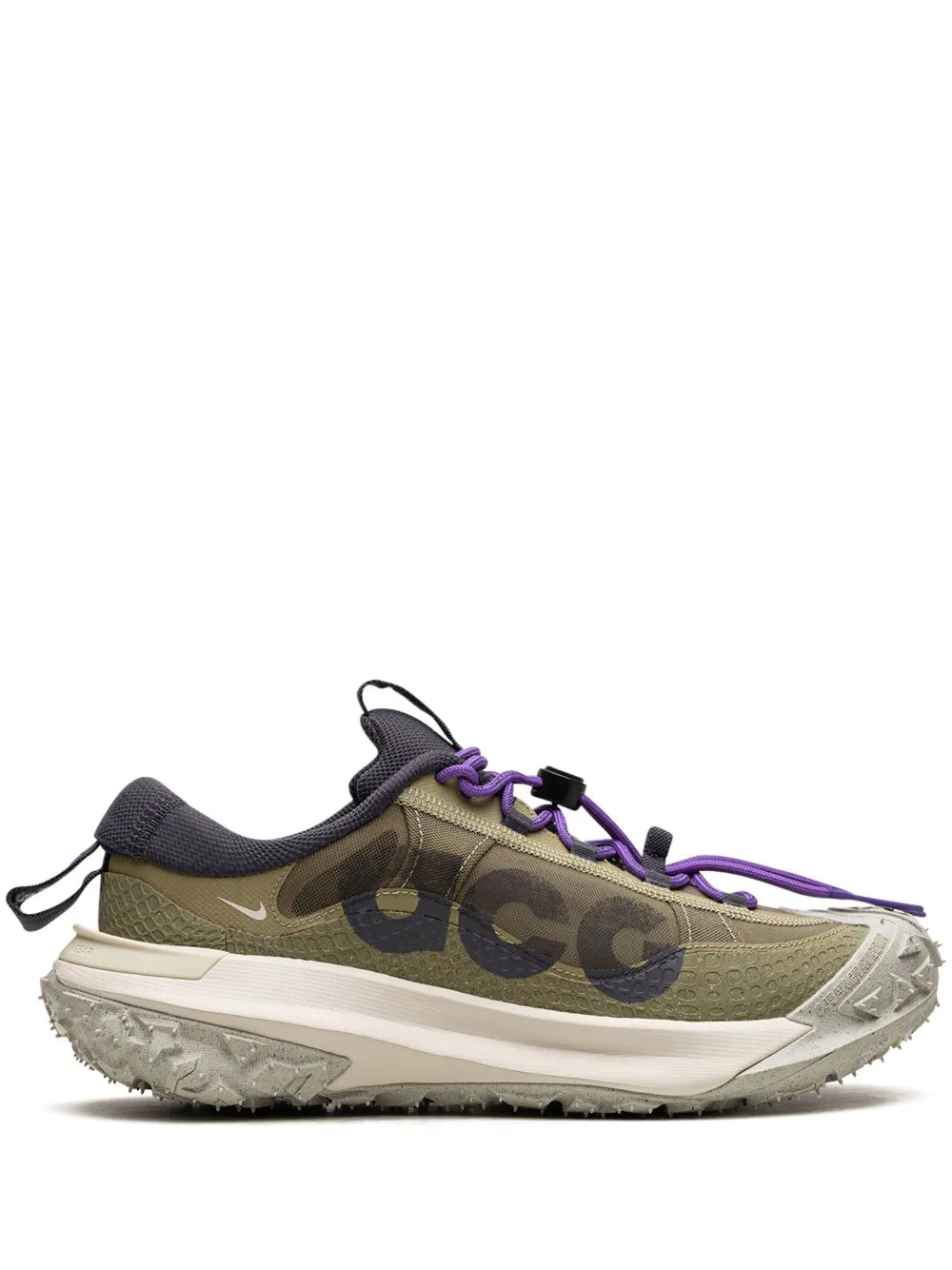 Olive low-top sneakers with purple laces, black collar, and rugged white outsole