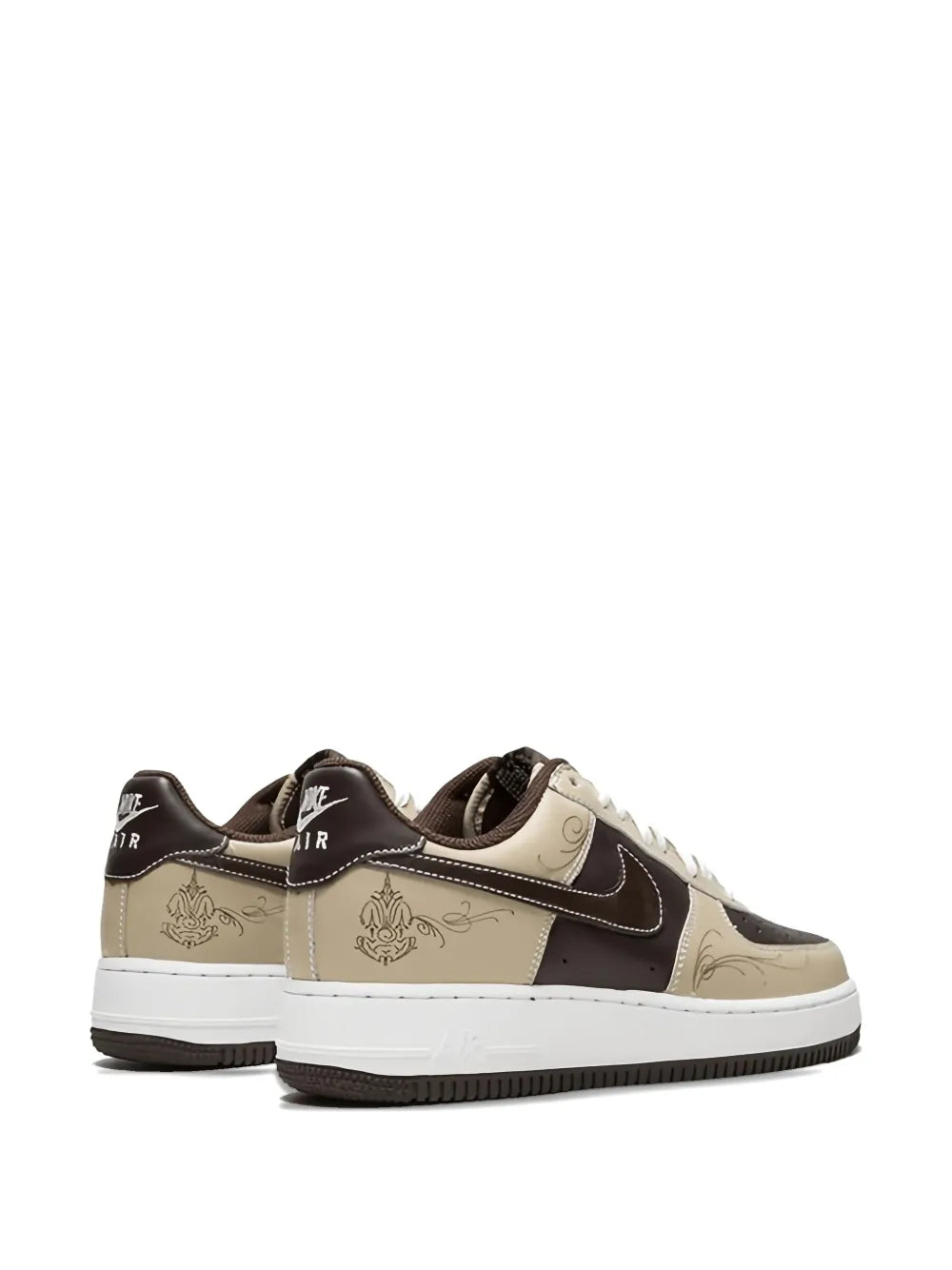 Nike Air Force 1 beige leather sneakers with black heel tab and side embroidery